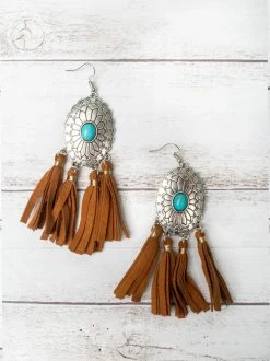 Southern Grace Cowgirl Turquoise Concho Brown Dangle Tassel Earrings