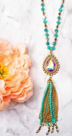 Southern Grace New Arrivals Shine So Bright Iridescent Oval Gold Crystal Turquoise Beaded Necklace