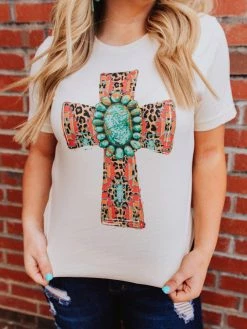 Miss Mud Pie Aztec Cross And Turquoise Stone Tee - Cream