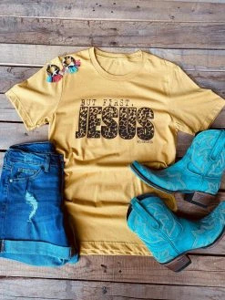 Miss Mud Pie Tees But First Jesus Tee - Mustard