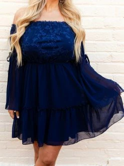 D & J Industries Cheerful Wishes — Off The Shoulder Dress In Navy Blue Clothing