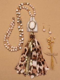 Your Fashion Wholesale Cow Hide Tassel Necklace - Beige