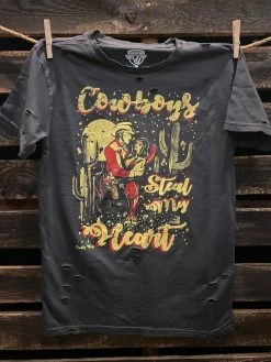 Country Deep Cowboys Steal My Heart Distressed Tee Clothing