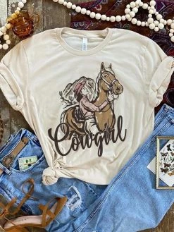 Miss Mud Pie Cowgirl Horse Tee - Cream Clothing