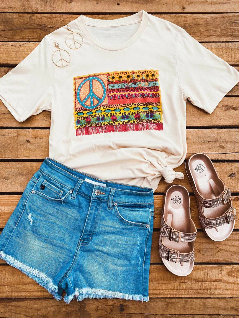 Miss Mud Pie Tees Hippie Peace American Flag Tee - Soft Cream 3 Miss Mud Pie Tees Hippie Peace American Flag Tee - Soft Cream