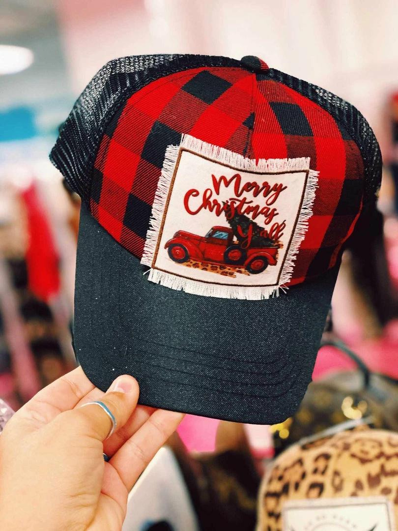 Luxe Apparel Truckin' Into Christmas Buffalo Plaid Trucker Hat 3 Luxe Apparel Truckin' Into Christmas Buffalo Plaid Trucker Hat