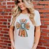Miss Mud Pie Tees Leopard Cross With Turquoise Stone Tee - Cream