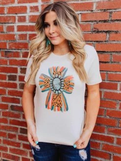 Miss Mud Pie Tees Leopard Cross With Turquoise Stone Tee - Cream