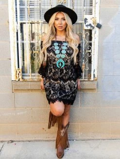 D & J Industries Clothing Locked In Lace Off Shoulder Dress - Black With Neutral Lining