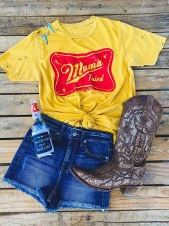 Country Deep Mama Tried Distressed Tee - Mustard Tees