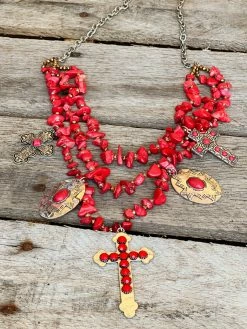 Southern Grace Red Beaded Necklace With Silver & Copper Crosses