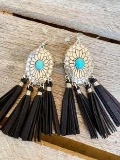 Southern Grace Cowgirl Turquoise Black Tassels Earrings