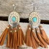 Southern Grace Cowgirl Turquoise Concho Brown Dangle Tassel Earrings