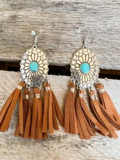 Southern Grace Cowgirl Turquoise Concho Brown Dangle Tassel Earrings