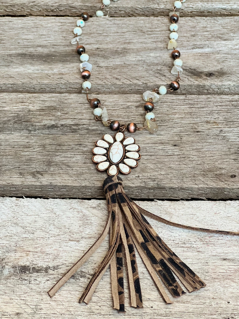 Southern Grace Cowgirl Copper Cream Leopard Squash Blossom Bead Navajo Necklace New Arrivals 3 Southern Grace Cowgirl Copper Cream Leopard Squash Blossom Bead Navajo Necklace New Arrivals