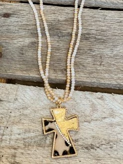 Southern Grace You Can't Cross Me Double Beaded Leopard Gold Cross Pendant New Arrivals