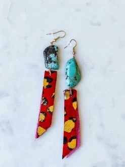 Your Fashion Wholesale Accessories Hot Pink Leopard Earrings With Gold Leaf And Turquoise