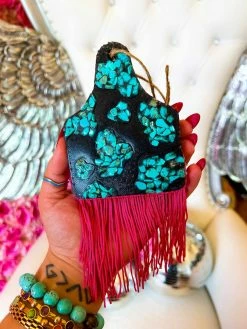 Southern Custom Designs New Arrivals Turquoise Stone Cow Tag With Pink Fringe Freshie