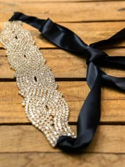 Luxe Apparel Rhinestone Crowning Moment Belt X3 - Black Ribbon With Gold 11 Luxe Apparel Rhinestone Crowning Moment Belt X3 - Black Ribbon With Gold