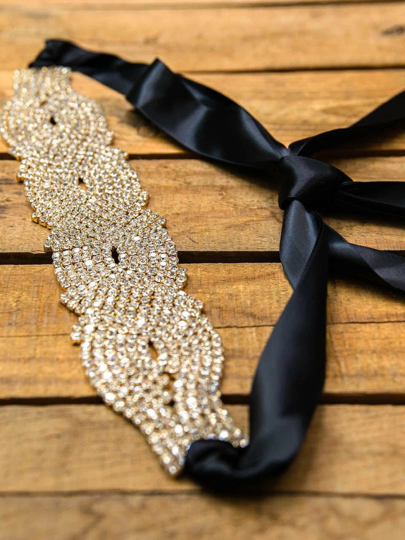 Luxe Apparel Rhinestone Crowning Moment Belt X3 - Black Ribbon With Gold 5 Luxe Apparel Rhinestone Crowning Moment Belt X3 - Black Ribbon With Gold