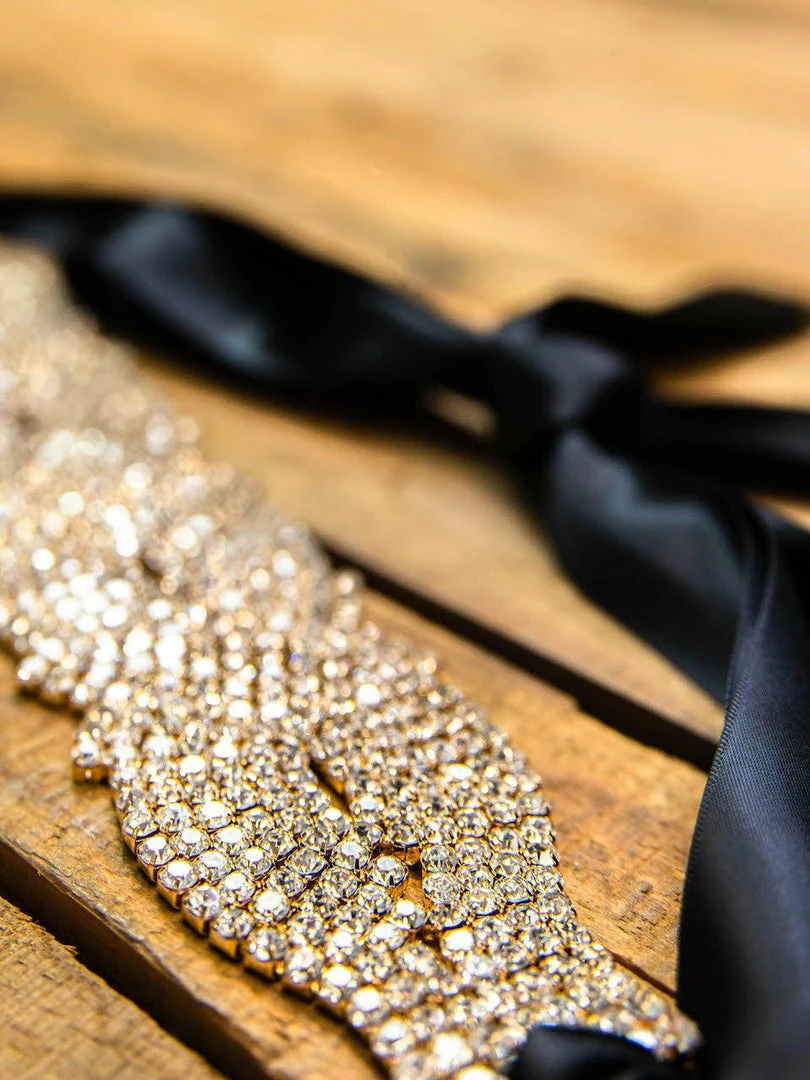 Luxe Apparel Rhinestone Crowning Moment Belt X3 - Black Ribbon With Gold 7 Luxe Apparel Rhinestone Crowning Moment Belt X3 - Black Ribbon With Gold