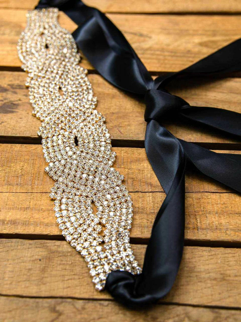 Luxe Apparel Rhinestone Crowning Moment Belt X3 - Black Ribbon With Gold 9 Luxe Apparel Rhinestone Crowning Moment Belt X3 - Black Ribbon With Gold