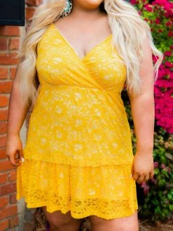 Southern Fried Chics Flirty Little Thing Lace Dress - Mustard New Arrivals