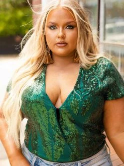 D & J Industies Co., LTD. PREORDER Hell On Heels Cap Sleeve Bodysuit - Emerald Sequin Pre-Orders