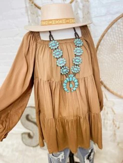 Peach Love CA Square Neck Balloon Sleeve Dress - Camel Sale!