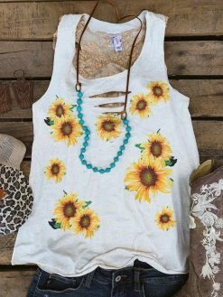 Bling-A-Gogo Sunflowers Tank - Natural