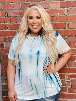 Vocal Tops Tie Die Laser Cut Short Sleeve Top With Bling - Blue & White