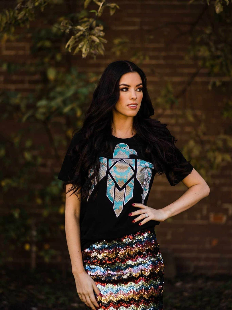 Benita Ceceille Tees Turquoise Snake Skin Thunderbird Tee - Black 3 Benita Ceceille Tees Turquoise Snake Skin Thunderbird Tee - Black