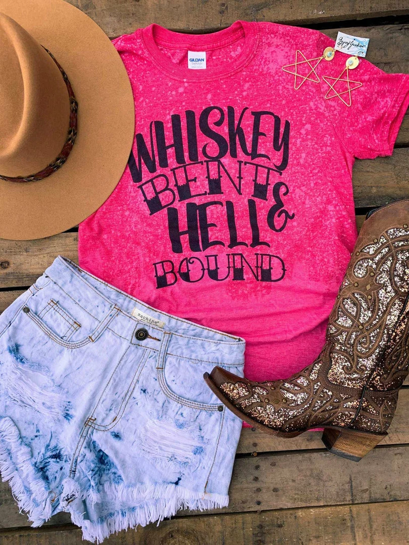 Bling-A-Gogo Whiskey Bent And Hell Bound Bleached Tee - Heather Red Tees 3 Bling-A-Gogo Whiskey Bent And Hell Bound Bleached Tee - Heather Red Tees