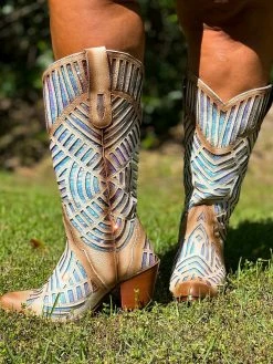 Alig Tannery Retro Cowgirl — Wide Western Boots In White Sequined Leather
