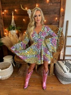 D & J Industies Co., LTD. New Arrivals Famous Like Lisa — Bell Sleeve Dress In Multicolor Leopard